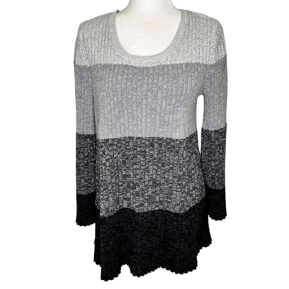 Style & Co. Gray Black Striped Color Block Bell Sleeve Tunic Sweater